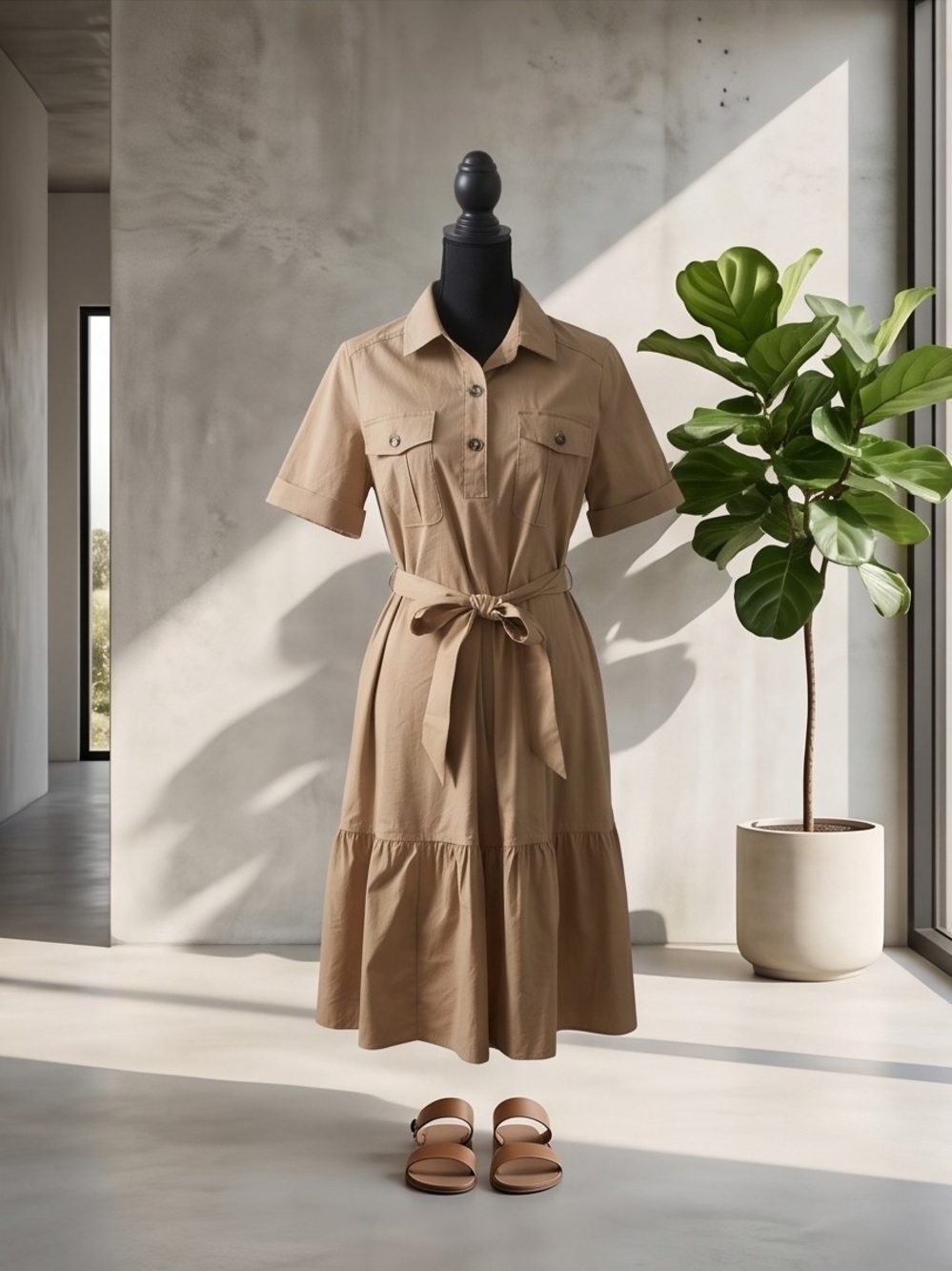 Chico's Beige Short-Sleeve Shirt Midi Dress with Tie Belt